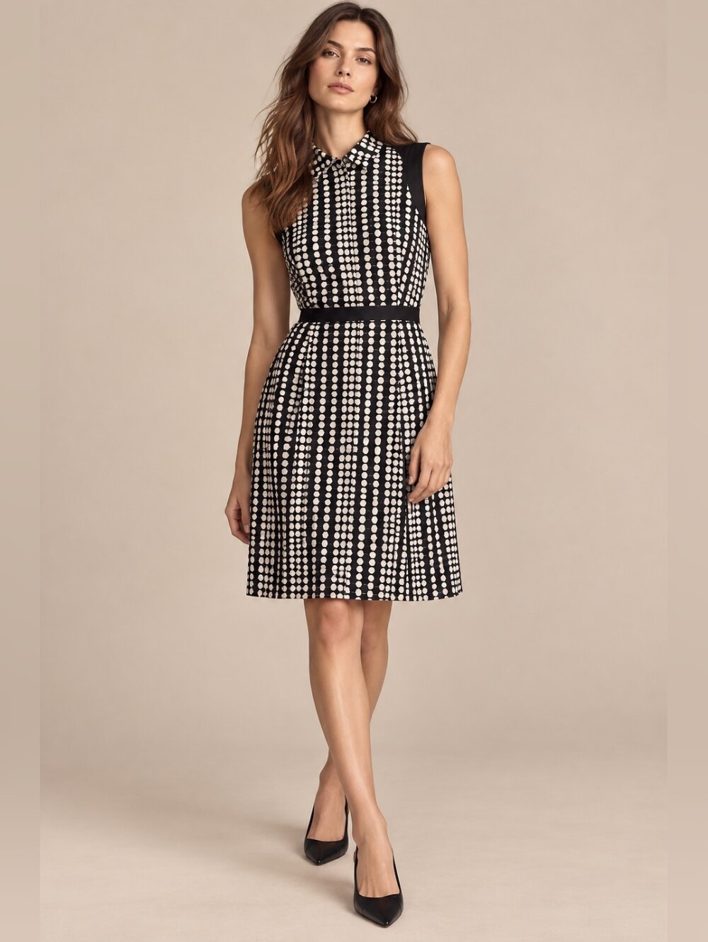 TORY BURCH Silk Polka Dot Katy Sleeveless Dress Black Taupe Size 4
